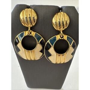 Vintage Cream Blue Gold Enamel Circle Earrings Pierced Dangle Round Drop